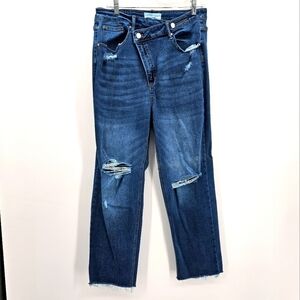 RISEN high rise asymmetrical Waist straight leg distressed jeans size 15 (32)